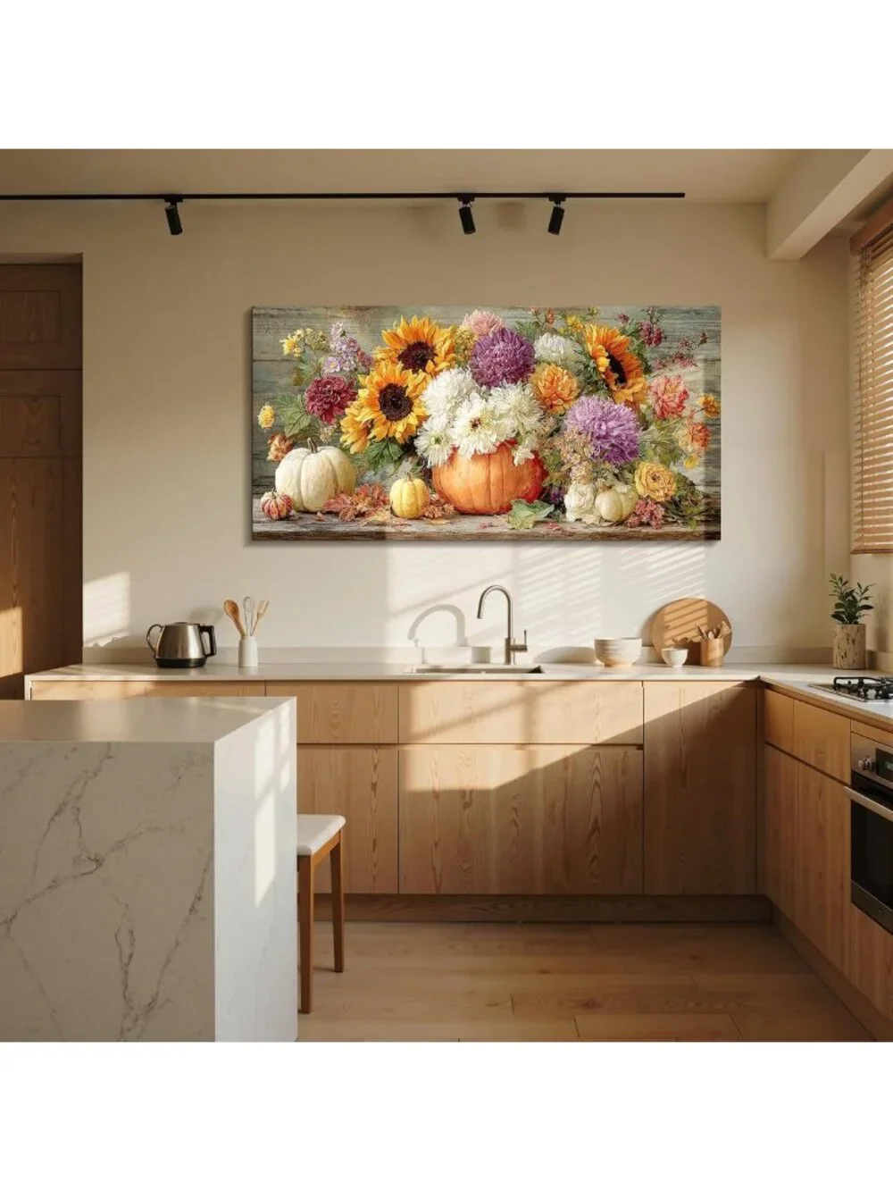 Large Rustic Autumn Wall Art - Fall Pumpkin & Sunflower Home Decor